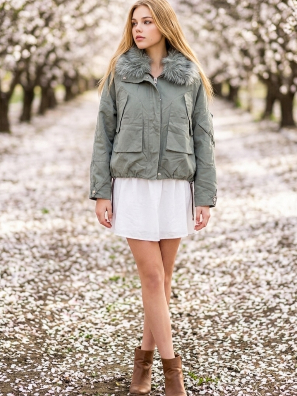 Women's Faux-Fur Trim Olive Green Jacket